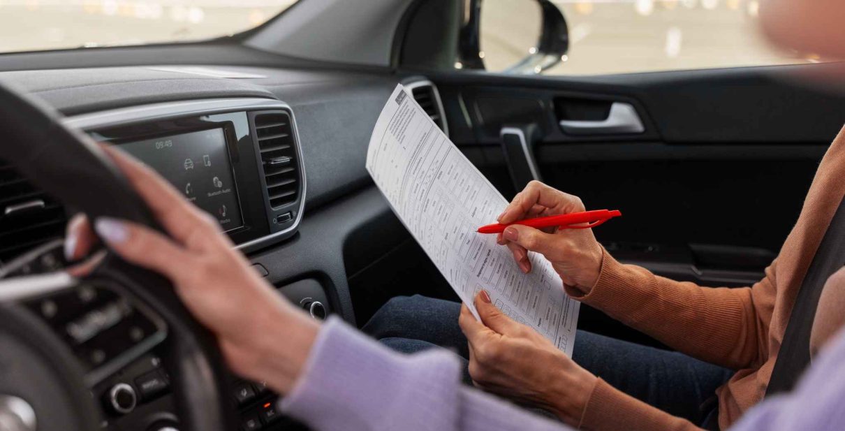woman taking her drivers license test vehicle